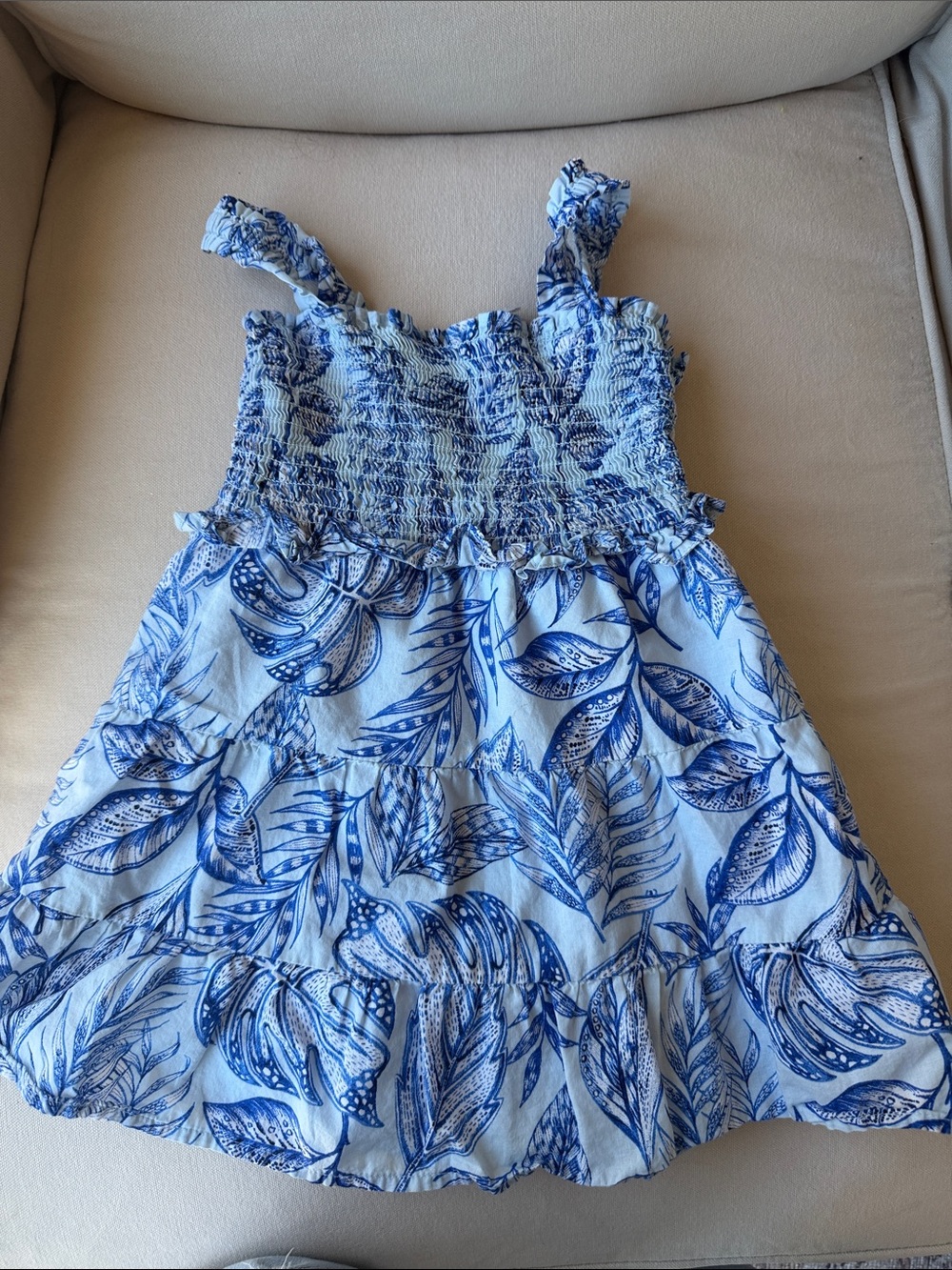 Blue Leaf-Print Smocked Sundress for Kids